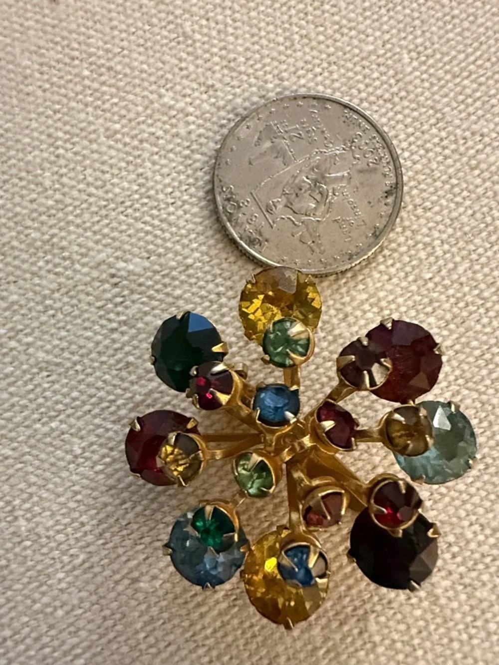Vintage Floral Multicolor Rhinestone Prong Set Riveted Back Brooch.